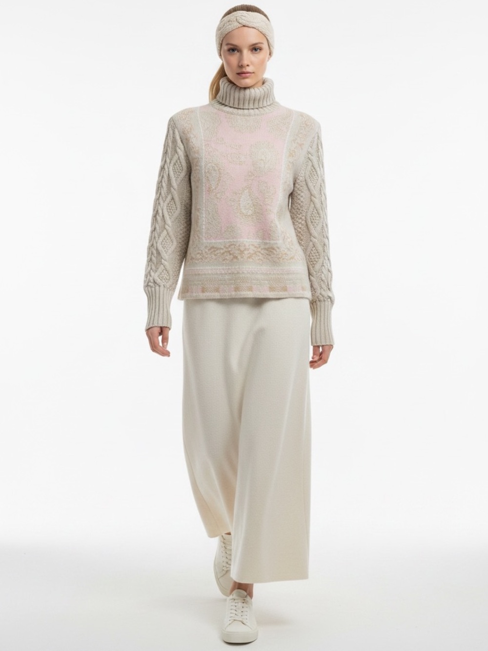 Alain Manoukian Vintage Cable Knit Turtleneck Sweater Metallic Pink Gold